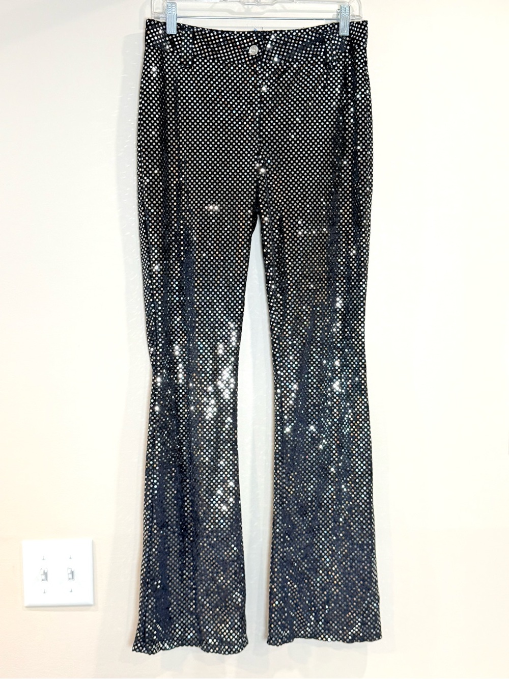 🔥Serious Women’s Black Sequin Polka Dot Flared Pants Size L EC🔥